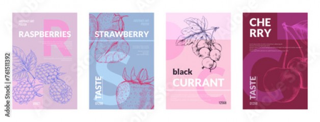 Food posters. Pattern design background with abstract art and typography juice label, hipster invitation. Hand drawn strawberry and cherry. Vertical banner or flyer. Vector modern template