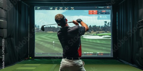 Man playing golf on screen in indoor simulator in spacious room with golf club