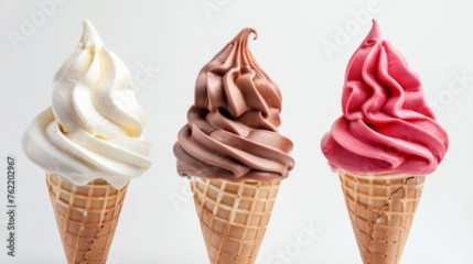 Summer food photography - Set collection of chocolate, vanilla and strawberry soft ice cream in ice cream cone waffle, isolated on white background