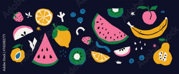 Geometric summer fresh fruit cut artwork poster with colorful simple shapes. Minimalist illustration of bright color fruits on a black background.