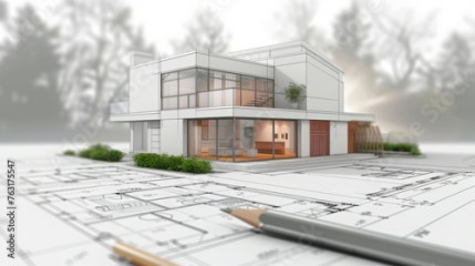 A three-dimensional architectural model of a modern house emerges from detailed blueprints, accompanied by pencil