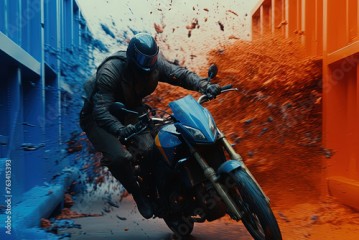 Action shot with man riding away on bike. Dynamic scene in action movie blockbuster style.