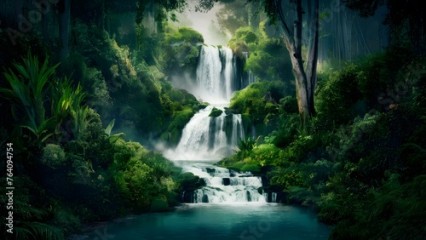 Enchanting waterfall cascades through the depths of a lush forest