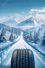 Closeup of a tire on a snowy mountain road. Advertising image of winter tires, space for copy