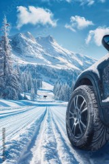 Closeup of a car wheel traveling on a snowy mountain road. Advertising image of winter tires, space for copy