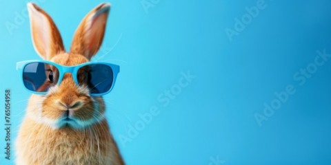 Cute funny bunny wearing sunglasses on color background. Space for text
