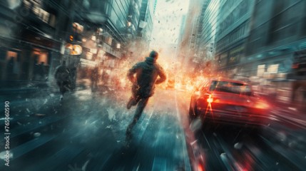 Action shot with man running away. Dynamic scene with car in action movie blockbuster style.