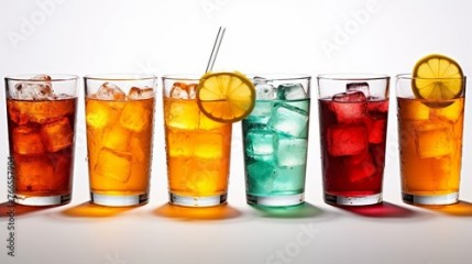Cocktails in a row with ice cubes on a white background