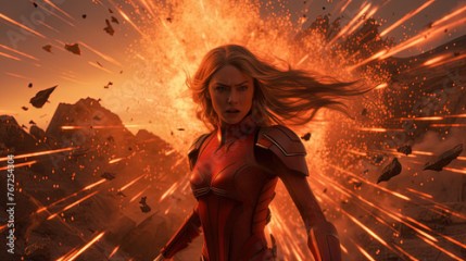 Action shot with woman in the sci-fi battle scene, superhero surrounded by sparkles. Dynamic scene in action movie blockbuster style.