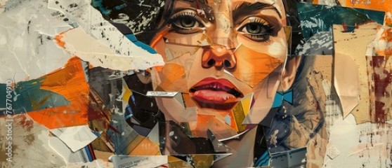 A woman's face is cut up into pieces and pasted together. The image is a collage of different colors and textures. Scene is chaotic and disordered, as the woman's face is not a cohesive whole