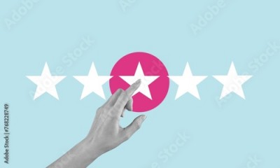Contemporary collage of hand hold five-star icon rating