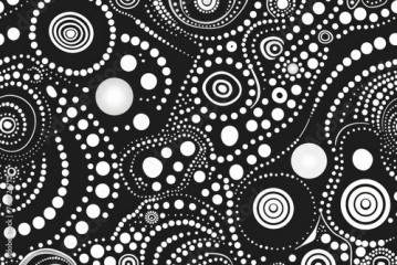 Seamless black and white polka dot pattern, abstract aboriginal art style, vector background