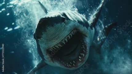 Aggressive shark attacking in water, underwater predator