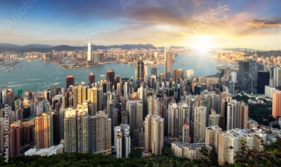 Hong Kong skyline panorama at dramatic sunset, China - Asia