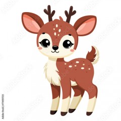 Cute happy deer, little sarna, funny roe. Сute autumn forest animal isolated on white background. Flat vector illustration. Fall season stickers and clipart.