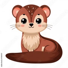 Cute happy marten, little funny weasel. Сute autumn forest animal isolated on white background. Flat vector illustration. Fall season stickers and clipart.