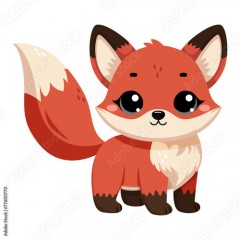 Cute happy little funny fox. Сute autumn forest animal isolated on white background. Flat vector illustration. Fall season stickers and clipart.