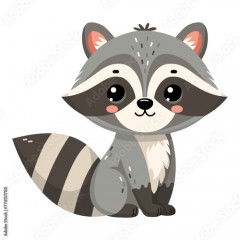 Cute happy little funny raccoon. Сute autumn forest animal isolated on white background. Flat vector illustration. Fall season stickers and clipart.