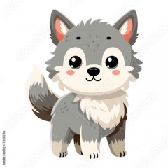 Cute happy little funny wolf. Сute autumn forest animal isolated on white background. Flat vector illustration. Fall season stickers and clipart.