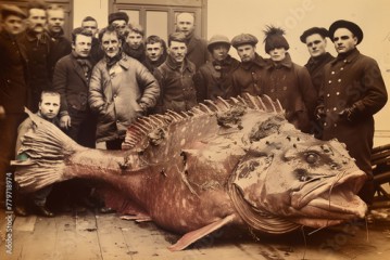 Old unexplained vintage photograph of fisherman posing with a giant mysterious sea creature.