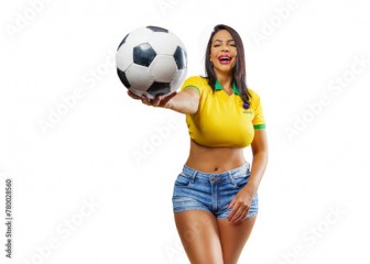  Portrait of beautiful smiling brazilian girl with soccer ball, isolated on free png background.