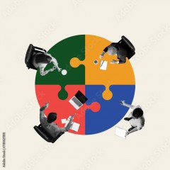 Four employees sitting at the table forming connected multicolored puzzles. Contemporary art collage. Solving complex business challenge. Concept of business, teamwork, cooperation, analytics
