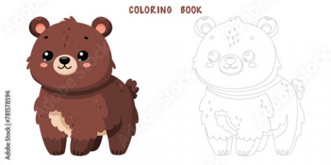 Coloring book of cute happy little funny bear. Coloring page of cute autumn forest animal isolated on white background. Flat vector illustration.