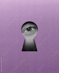 Calm female eye looking into keyhole on purple background. Contemporary art collage. Seeking clarity and understanding. Conceptual design. Concept of creativity, abstract art, imagination
