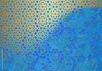 Abstract background with islamic ornament, arabic geometric texture. Golden lined tiled motif.