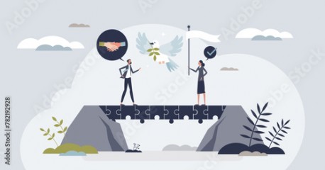 Conflict resolution and peaceful business agreement tiny person concept. Find solution and compromise with settlement after negotiations resolving and successful communication vector illustration.