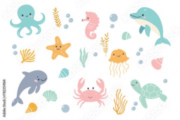 Set with hand drawn sea life elements. Sea creatures. Vector doodle isolated on white background. Cartoon set of sea life objects for your design.