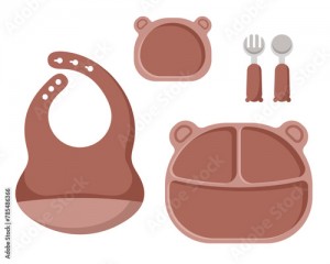 Vector illustration of kid tableware set, colorful children dish shaped like a bear's face isolate on white background in flat style.
