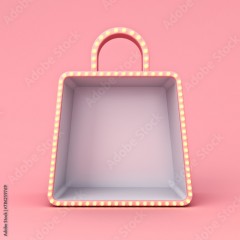 Blank shopping bag product display showcase stand with yellow retro light bulbs isolated on pink pastel color background minimal creative idea conceptual 3D rendering