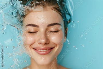 healthy moisturized face skin. skincare and hydration concept. smiling woman with eyes closed and water splash around the face on light blue background