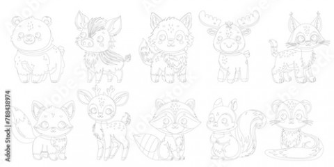 Coloring book of collection of cute happy little funny forest animal. Coloring page of set of cute autumn animal isolated on white background. Flat vector illustration.